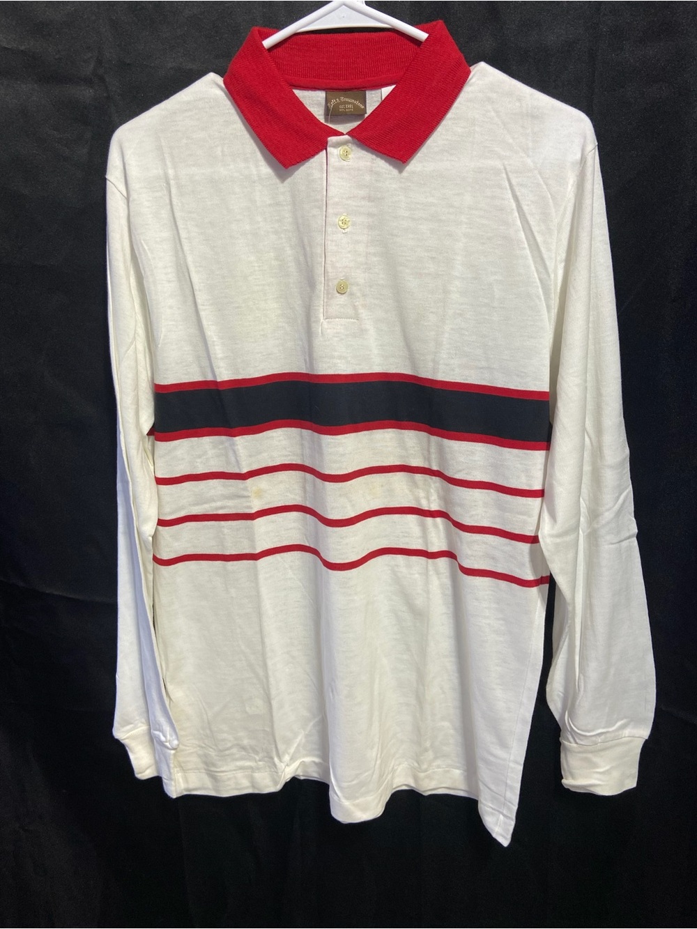 Vintage White Long Sleeve Polo with Red Collar & Black-Red Stripes